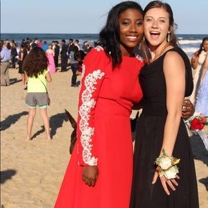 Red floor length lace Long Sleeve Prom Dress